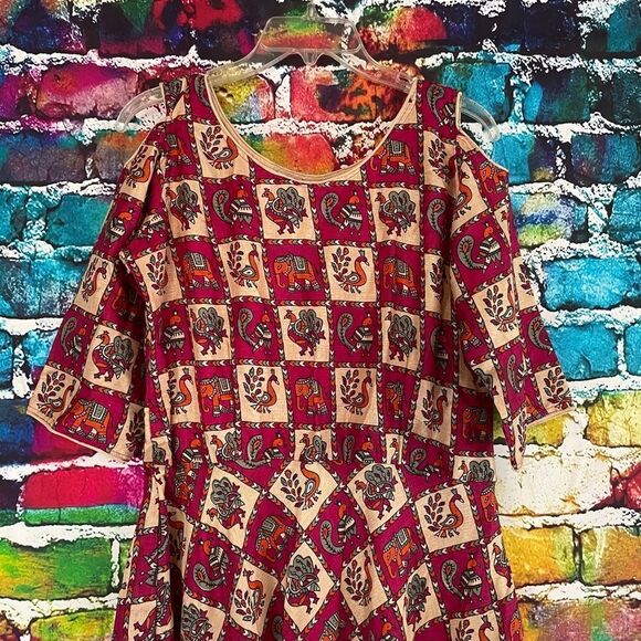 Vintage Handmade Cold Shoulder Peacock Elephant Print Dress Large - Picture 4 of 8